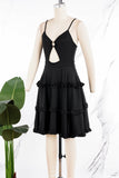 woloong - Black Sexy Sweet Daily Party Backless Solid Color Stringy Selvedge Spaghetti Strap Mini Dress Dresses