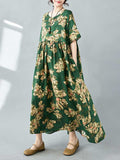 woloong Pockets Pleated Flower Print Loose Half Sleeves Round-neck Midi Dresses