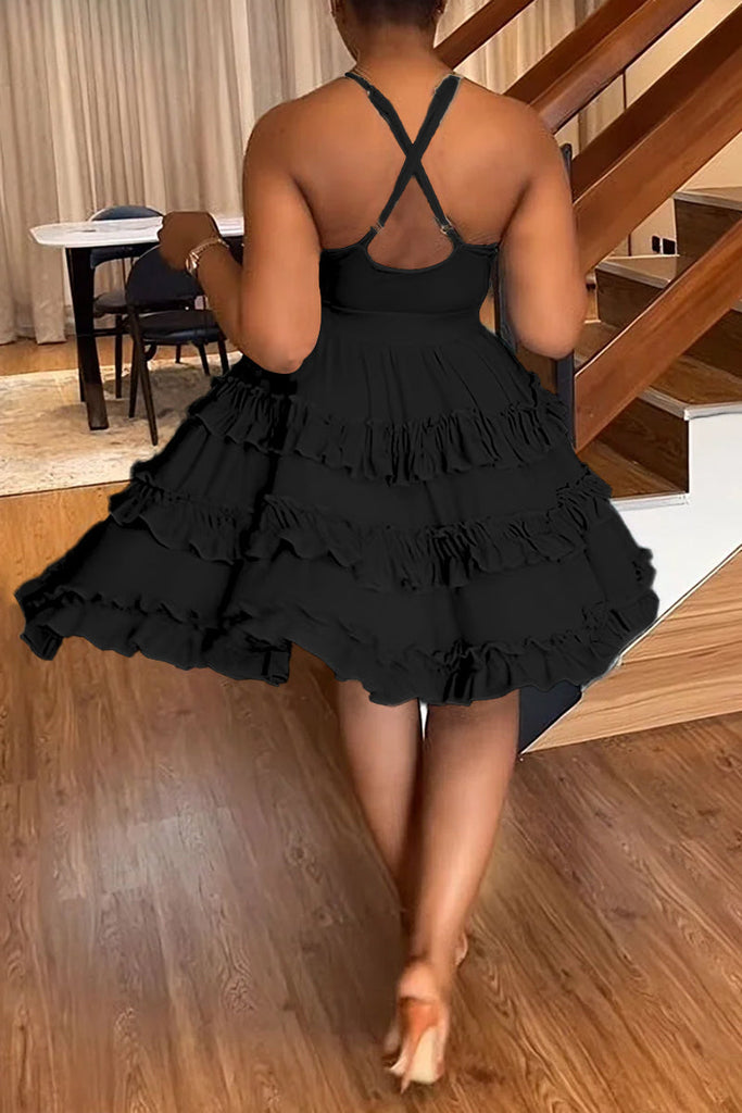 woloong - Black Sexy Sweet Daily Party Backless Solid Color Stringy Selvedge Spaghetti Strap Mini Dress Dresses