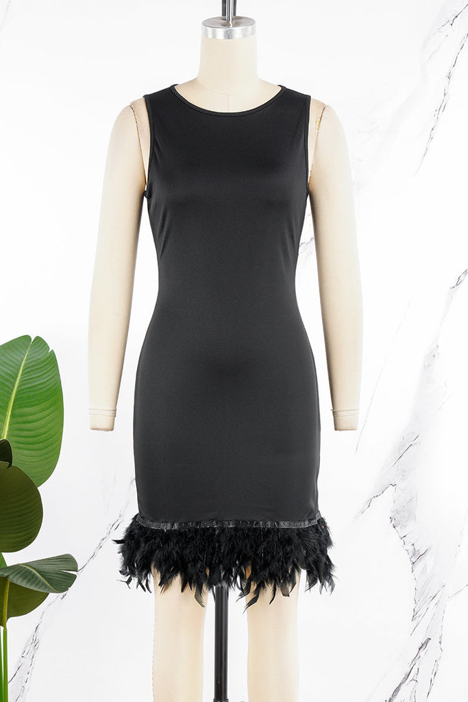 woloong - Black Daily Party Elegant Simplicity Patchwork Feathers Solid Color O Neck Sleeveless Dress Dresses