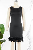 woloong - Black Daily Party Elegant Simplicity Patchwork Feathers Solid Color O Neck Sleeveless Dress Dresses