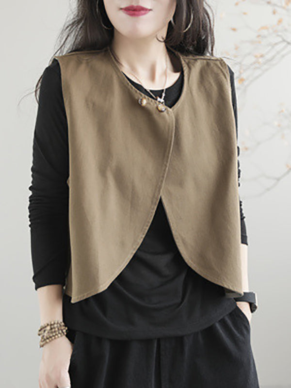 woloong Artistic Retro Loose Sleeveless Solid Color Round-Neck Vest Outerwear