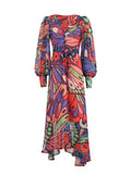woloong Split-Joint Printed Buttoned Puff Sleeves Loose V-Neck Midi Dresses