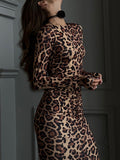 woloong Printed Leopard Skinny Long Sleeves Round-Neck Maxi Dresses
