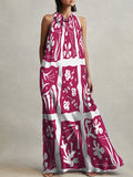 woloong Tied Printed Sleeveless Loose Heaps Collar Maxi Dresses
