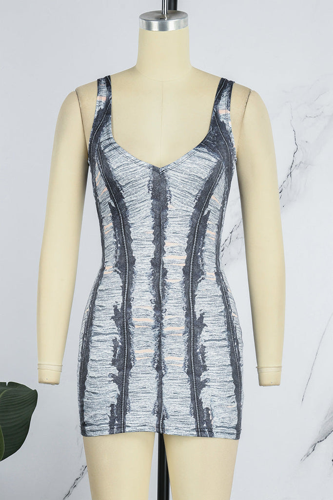 woloong - Grey Sexy Striped Ripped Patchwork Backless Spaghetti Strap One Step Skirt Dresses