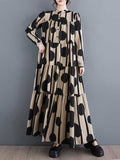woloong Split-Joint Polka-Dot Pleated Buttoned Loose Long Sleeves Stand Collar Shirt Dress Maxi Dresses