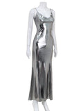 woloong Split-Joint Solid Color Shiny Sleeveless V-neck Maxi Dresses