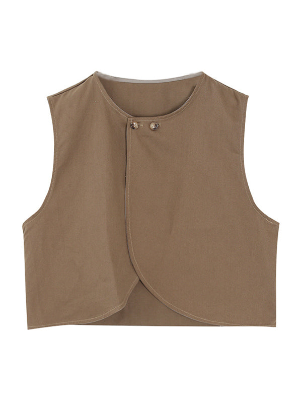 woloong Artistic Retro Loose Sleeveless Solid Color Round-Neck Vest Outerwear