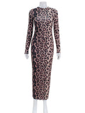 woloong Printed Leopard Skinny Long Sleeves Round-Neck Maxi Dresses