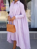 woloong High-Low Long Sleeves Pleated Solid Color Lapel Maxi Dresses Shirt Dress