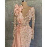 Peach Pink Long Sleeve Prom Party Formal Dresses Sparkly Lace Beaded Illusion Mermaid Aso Ebi African Evening Gown