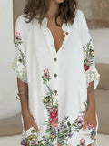 woloong Flower Print Buttoned Loose Long Sleeves Lapel Shirt Dress Mini Dresses