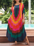 woloong Sun Protection Printed Contrast Color Short Sleeves Loose Round-Neck Maxi Dresses
