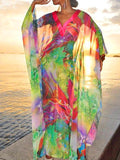 woloong Batwing Sleeves Loose Printed See-Through Split-Joint V-Neck Cover-Ups Maxi Dresses