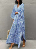 woloong Sun Protection Split-Side Leopard Short Sleeves Loose V-Neck Maxi Dresses Cover-Ups Swimwear