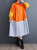 woloong Split-Joint Pleated Contrast Color Puff Sleeves Loose Lapel Shirt Dress Midi Dresses