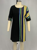 woloong Striped Contrast Color Asymmetric Plus Size Loose Round-neck Mini Dresses