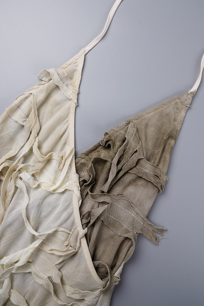 woloong - Apricot Sexy Print Bandage Tie-dye Backless Halter Sleeveless Dress Dresses