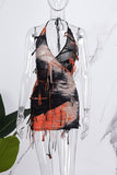 woloong - Apricot Street Tie Dye Tassel Patchwork Backless One Step Skirt Dresses