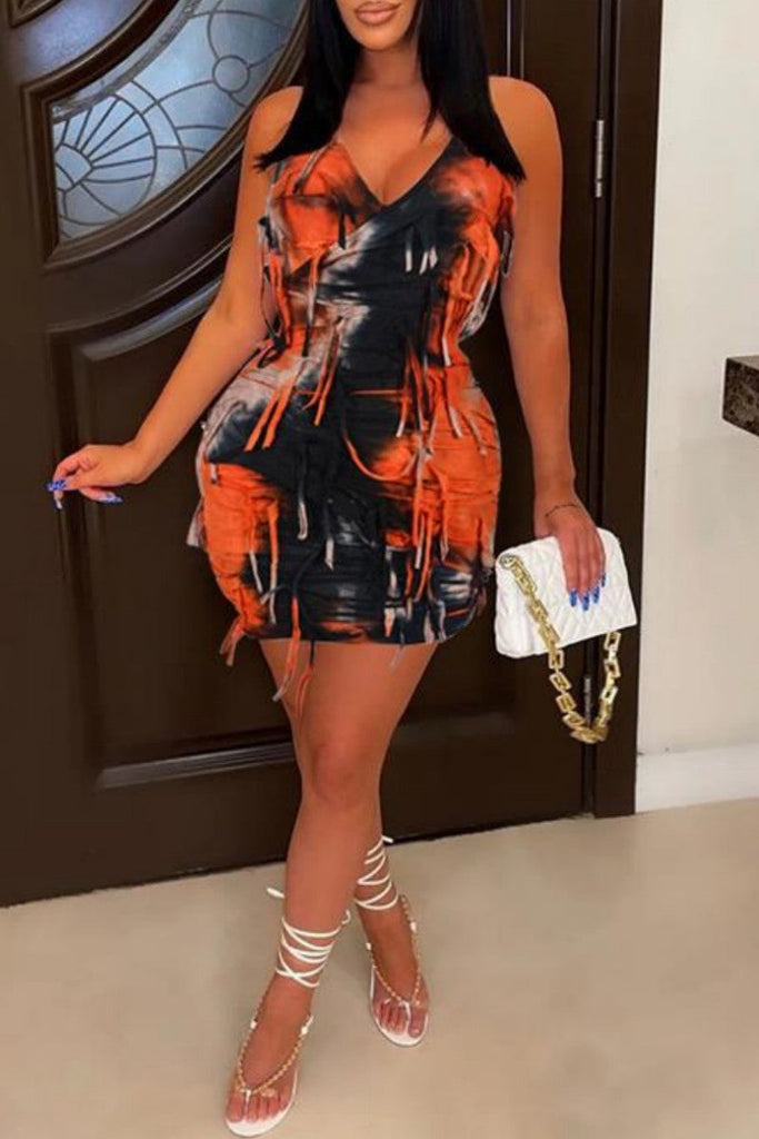 woloong - Apricot Sexy Print Bandage Tie-dye Backless Halter Sleeveless Dress Dresses