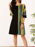 woloong Striped Contrast Color Asymmetric Plus Size Loose Round-neck Mini Dresses