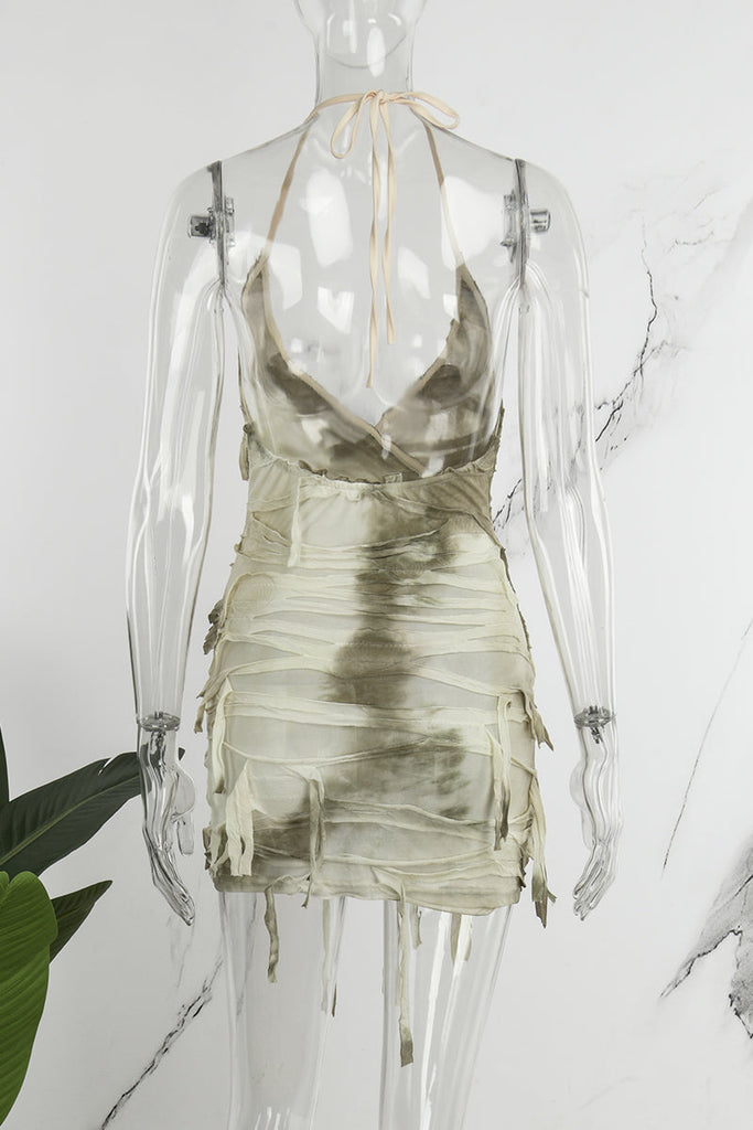 woloong - Apricot Street Tie Dye Tassel Patchwork Backless One Step Skirt Dresses