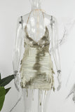 woloong - Apricot Street Tie Dye Tassel Patchwork Backless One Step Skirt Dresses