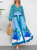 woloong Tied Striped Split-Joint Flower Print Elasticity Backless Loose Long Sleeves V-neck Maxi Dresses