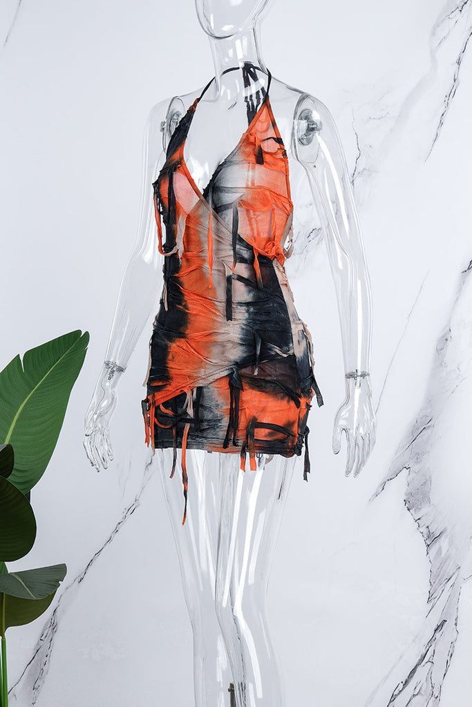 woloong - Apricot Sexy Print Bandage Tie-dye Backless Halter Sleeveless Dress Dresses