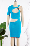 woloong - Blue Sexy Solid Hollowed Out Patchwork O Neck One Step Skirt Dresses