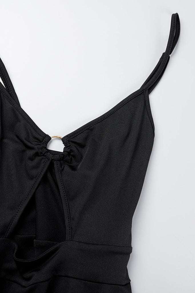 woloong - Black Sexy Sweet Daily Party Backless Solid Color Stringy Selvedge Spaghetti Strap Mini Dress Dresses