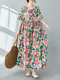 woloong Split-Joint Printed Polka-Dot Pleated Loose Half Sleeves Round-Neck Midi Dresses