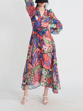 woloong Split-Joint Printed Buttoned Puff Sleeves Loose V-Neck Midi Dresses