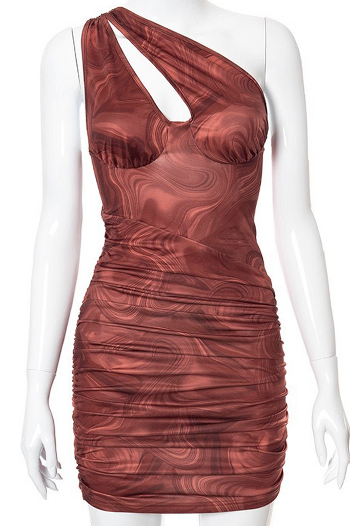 woloong - Red Sexy Print Hollowed Out Patchwork Backless Fold Oblique Collar One Step Skirt Dresses