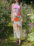 woloong Split-Back Flower Print Sleeveless High Waisted Mock Neck Maxi Dresses