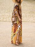 woloong Tiger Skin Pattern Split-side Printed Short Sleeves Loose V-neck Maxi Dresses Beach Cover-Up
