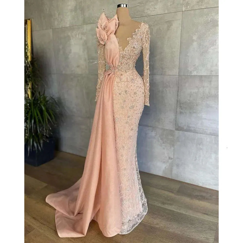 Peach Pink Long Sleeve Prom Party Formal Dresses Sparkly Lace Beaded Illusion Mermaid Aso Ebi African Evening Gown