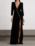 woloong Split-Front Shoulder Pad Buttoned Asymmetric Skinny Long Sleeves Deep V-Neck Maxi Dresses