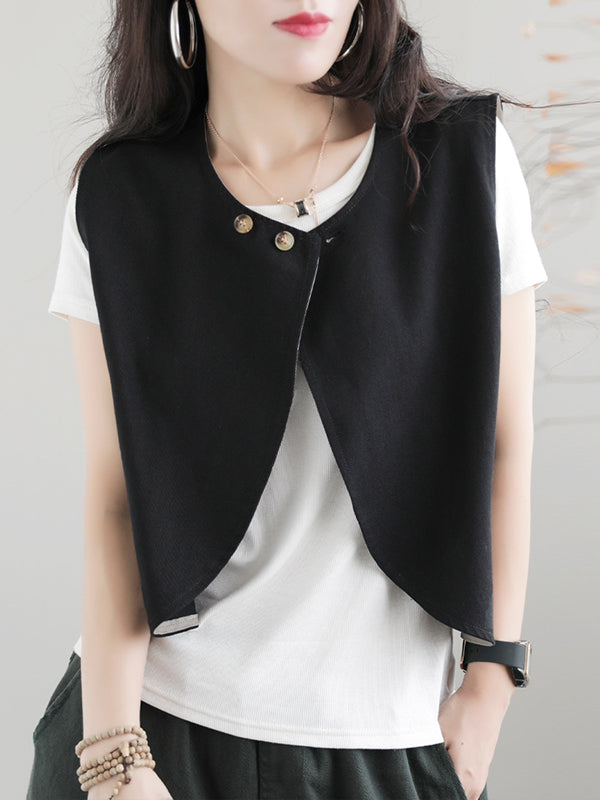 woloong Artistic Retro Loose Sleeveless Solid Color Round-Neck Vest Outerwear