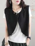 woloong Artistic Retro Loose Sleeveless Solid Color Round-Neck Vest Outerwear