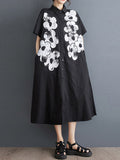 woloong Flower Print Buttoned Asymmetric Short Sleeves Loose Lapel Shirt Dress Midi Dresses