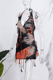 woloong - Apricot Street Tie Dye Tassel Patchwork Backless One Step Skirt Dresses