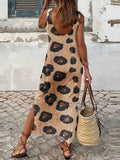 woloong Split-Side Printed Leopard Sleeveless Loose Round-Neck Maxi Dresses