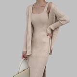New High Quality Winter Women's Casual Long Sleeved Cardigan + Suspenders Sweater Vest Two Piece Runway Dresses Suit