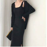 New High Quality Winter Women's Casual Long Sleeved Cardigan + Suspenders Sweater Vest Two Piece Runway Dresses Suit