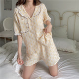woloong Women's Pajamas Sleepwear Cotton Lace Lapel Two Piece Sets Summer Kawaii Pyjamas Nightwear Homesuit Pijamas Print Shorts