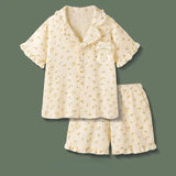 woloong Women's Pajamas Sleepwear Cotton Lace Lapel Two Piece Sets Summer Kawaii Pyjamas Nightwear Homesuit Pijamas Print Shorts