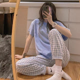 woloong Women's Pajamas Summer Night Home Suit Pyjamas Korean Style Solid Color Grid Pijamas Homewear Sleepwear Nightwear Cute