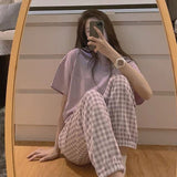 woloong Women's Pajamas Summer Night Home Suit Pyjamas Korean Style Solid Color Grid Pijamas Homewear Sleepwear Nightwear Cute